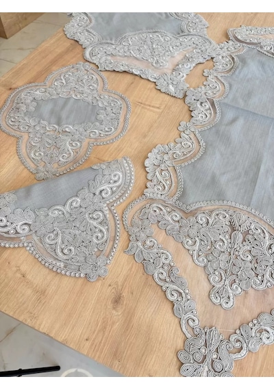Salon Takımı Çeyizlik Gri Runner Set 5 Parça Keten Masa Örtüsü Runneri Gerdan Çok Renkli