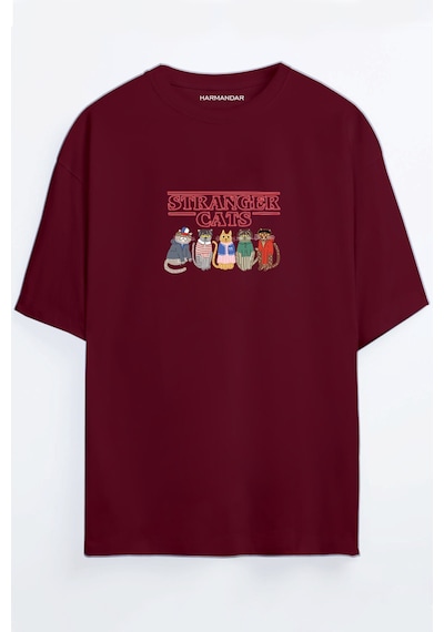 Stranger Cats Baskılı Unisex Siyah - Beyaz -turuncu - Bej Oversize T-shirt Bordo