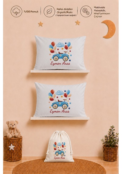 Erkek Bebek İsme Özel Hediye Seti 2 Adet %100 Pamuk 35x45 Yastık Kılıfı Ve Ham Bez Kıyafet Kesesi 2059y2kyx