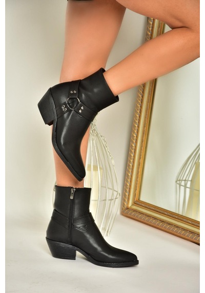 Fox Shoes T404400609 Siyah Kalın Topuklu Kadın Bot Siyah-Suni Deri Siyah