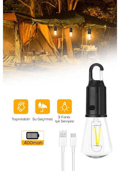 Volemi V-012 Taşınabilir Usb Şarjlı Led Ampul Outdoor Kamp Bahçe Lambası Askılı Kırılmaz Led Işık