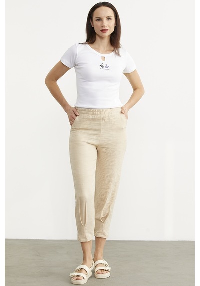 Paça Büzgü Detaylı Krep Pantolon - Taş 001