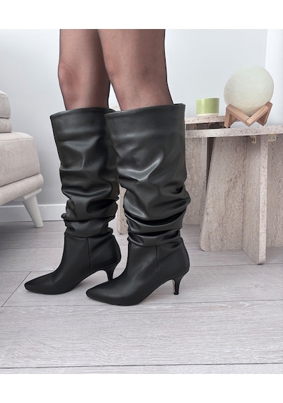 Asmi Shoes Kadın Tima Siyah Cilt 6 Cm Topuklu Körüklü Sivri Burun Çivi Topuk Çizme