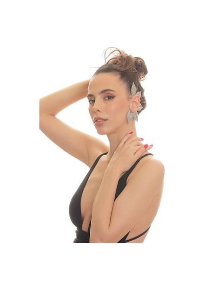 Kadın Gümüş Renk Lak Kaplama Zirkon Taşlı Dokulu Yaprak Stilizesi Sol Kulak Earcuff&kıkırdak Küpe Çok Renkli