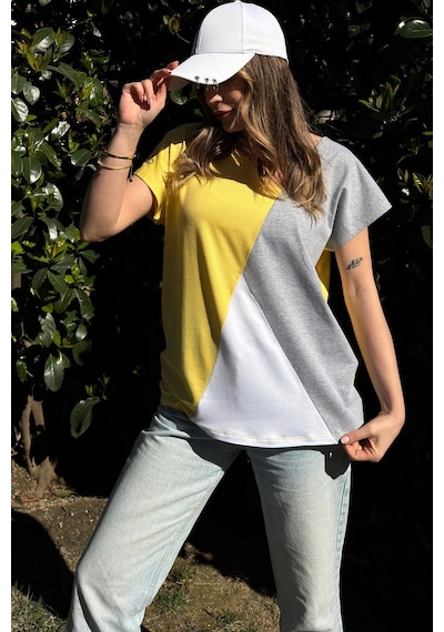 Kadın Sarı, Beyaz & Gri Kısa Kol, Color Block Tasarım, Salaş Bluz Sari