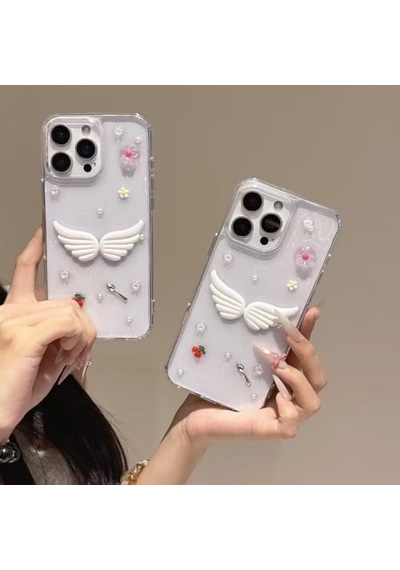 3d Melek Kanatlı Çiçekli Şeffaf Simli İphone 15 Plus / 14 Plus Uyumlu Kılıf Kamera Korumalı, Darbe Emici Silikon