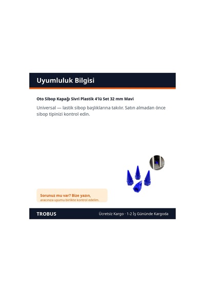 Trobus Oto Sibop Kapağı Sivri Plastik 4'lü Set 32 Mm Mavi