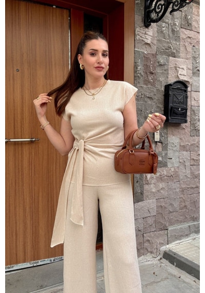 Paw Garage Kadın Sienna Taş Bağlama Detaylı Krinkıl Kumaş Bluz Pantolon Takım