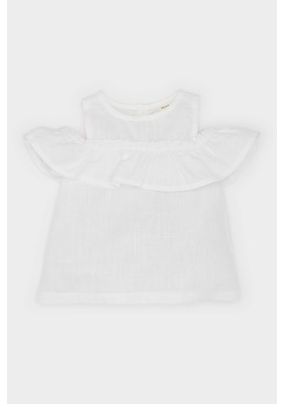 DeFacto Kız Bebek Bisiklet Yaka Flamlı Poplin Kısa Kollu Bluz E2849A525SMWT32 Beyaz