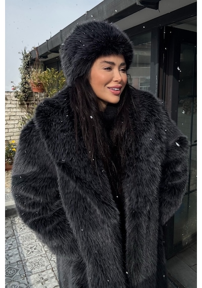 Açelyaokcu Premium Şal Yaka Mob Wife Suni Kürk Maxi Kadın Kaban Siyah