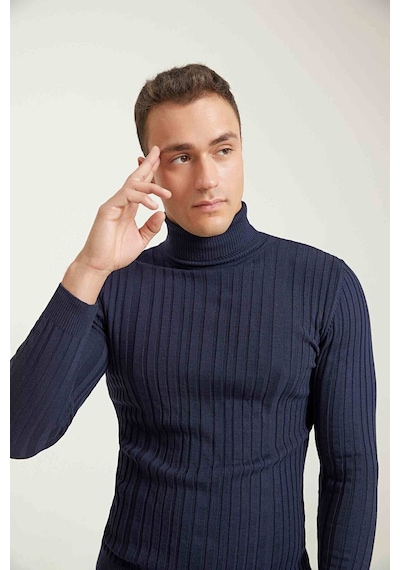 D's Damat Ds Damat Slim Fit Lacivert Fitilli Pamuk Karışımlı Boğazlı Triko Kazak  5HF06ORT63100 Lacivert