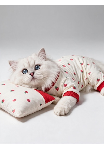 Tatlı Çilek Kedi Uyku Seti Penye Kedi Tulum Ve Mini Yastık Takımı Pamuklu Tüy Dökülmesini Azaltır
