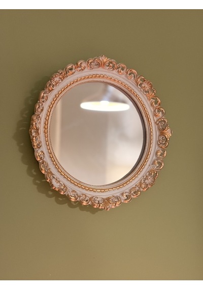 Dantel Kabartmalı Yuvarlak Duvar Aynası Beyaz & Eskitme Altın 28 Cm Naturel