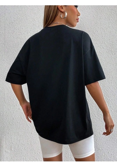 Startmore Kadın Beyaz Houston Baskılı Oversize T-shirt Siyah