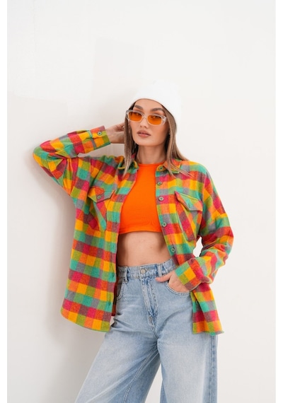 Mamayaga Kadın Desen Bloklu Oduncu Oversize Bol Ve Geniş Kalıp Casual Cepli Yakalı Ceket Gömlek Sarı