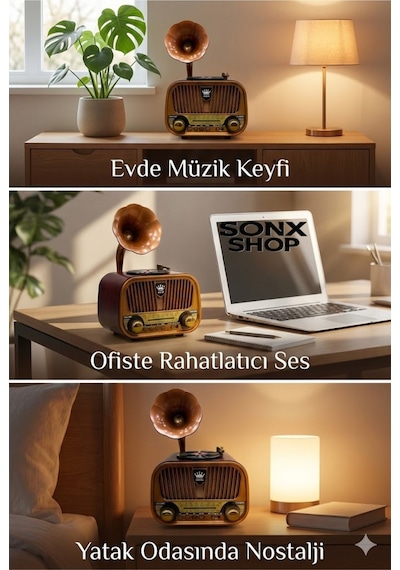 Büro Ev Ofis si İçin Gramofon Stil Nostaljik Müzik Çalar Bluetooth Hoparlörlü Radyo