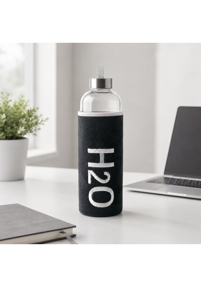 Deconox Peluş Kılıflı Cam Matara 1000 Ml, Siyah H2o Nakışlı Kılıf, Taşıma Askılı Metal Görünüml Şeffaf