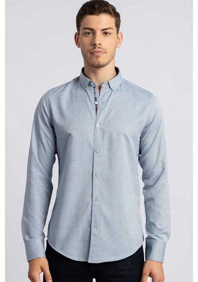 Tudors Slim Fit Dar Kesim Uzun Kol Poplin Oxford Erkek Gömlek-17419 Gri