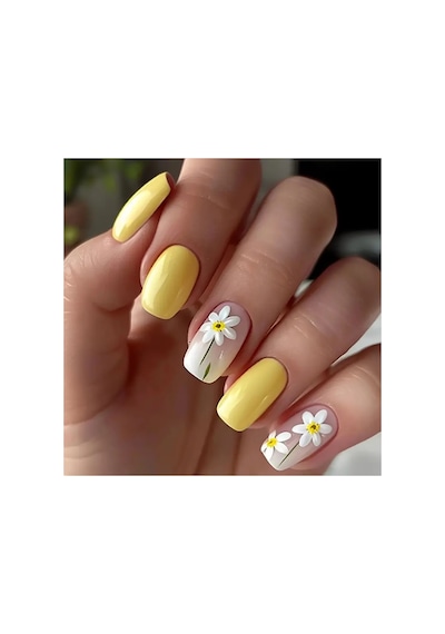 Jelüx - Papatya Çiçekli 24 Adet Pastel Sarı Renkli Yapıştırma Tırnak Sanatı Seti Nail Art