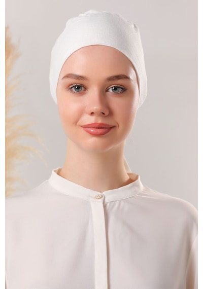 Melodi Scarf Kadın Tesettür Dikişli Set Bone Ekru 3 Adet Bağlamalı Penye Bone Ekru