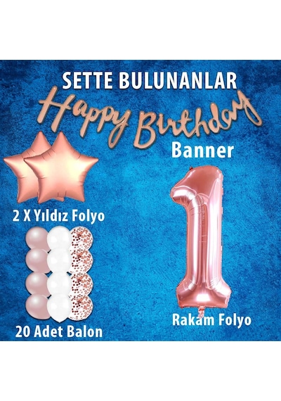 Rose Gold Konsept 1 Yaş Doğum Günü Kutlama Seti; Beyaz Gold Konfetili Balon, Rakam Yıldız Folyo ve Banner