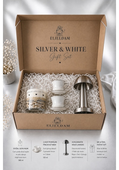 Doğum Günü, Özel Gün, Yeni İş, Yeni Ev Hediyesi Silver Şarjlı Dokunmatik Masa Lambası, Fincan, Soya Wax Mum Hediye Seti Gri