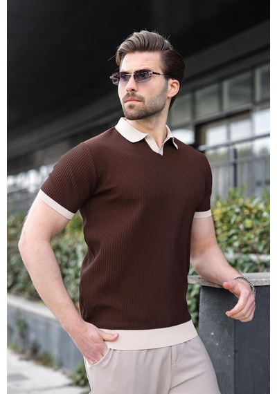 Madmext Kahverengi Polo Yaka Triko Erkek Tişört E7464 Kahverengi