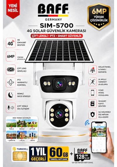 Sım-5700 6mp 4g Sım Kartlı Solar Güvenlik Kamerası Çift Lens Ptz Renkli Gece Görüşlü + 60gb Sım Kart Ve 128gb Hafıza Kartı Dahil