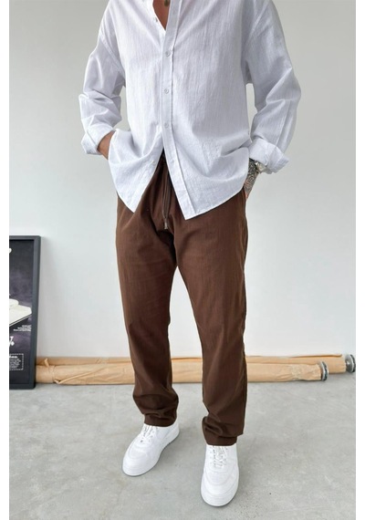 Kahverengi Baggy Keten Pantolon