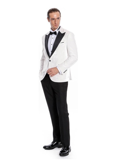 Wessi Kadife Slim Fit Beyaz Erkek Smokin Ceketi Beyaz