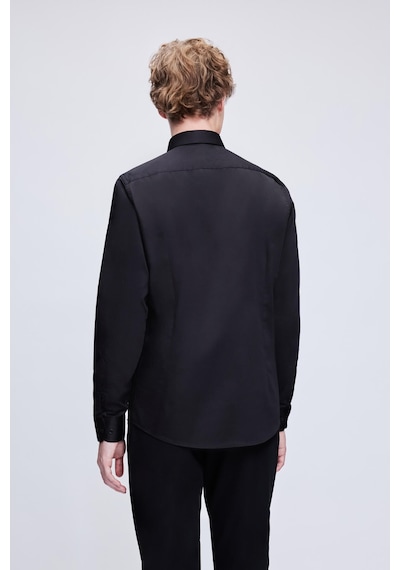 Hatemoğlu Siyah Slim Fit 100% Pamuk Açık İtalyan Yaka Uzun Kollu Saten Gömlek 24d190000045 002 Siyah