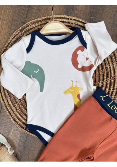 Tiwitibaby Safari Baskılı Çoraplı Alttan Çıtçıtlı Erkek Bebek Takım-zıbın Takım Kiremit