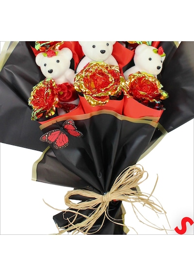 Sonsuzluk Güllü Ve Strafor Ayıcıklı Buket, 60cm X 40cm - Kırmızı 0-99