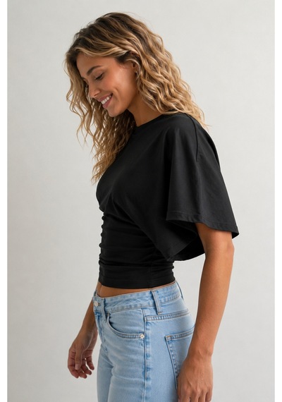 Overmax Bele Oturan Oversize Kollu Premium Crop Bluz Siyah - 880759104 Siyah