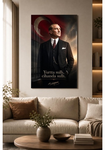 Atatürk Ve Türk Bayrağı Baskılı Cam Tablo Yurtta Sulh Uv Dekoratif Duvar Tablosu