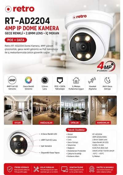 Retro Rt-ad2204 4mp Ip Poe 2.8mm Gece Renkli İç Mekan Dome Kamera