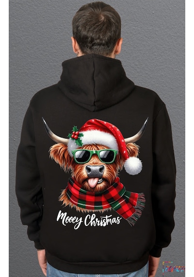 Bumeta Mooey Christmas Boğa Desenli Sweatshirt Unisex Kapüşonlu Hoodie Siyah