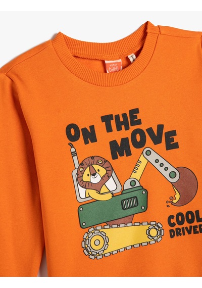Koton Sweatshirt Bisiklet Yaka Pamuklu Dozer Baskılı Şardonlu Turuncu 4wmb10097tk Turuncu