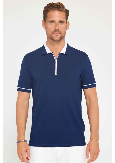 Tudors Erkek Slim Fit Dar Kesim %100 Pamuk Düz Pike Fermuarlı Lacivert Polo Yaka Tişört-31109 Lacivert