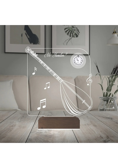 Luvivia Saz Bağlama Müzik Nota Tasarım Kişiye Özel Metal Saatli 3d Lamba - Masa Gece Lambası Şeffaf