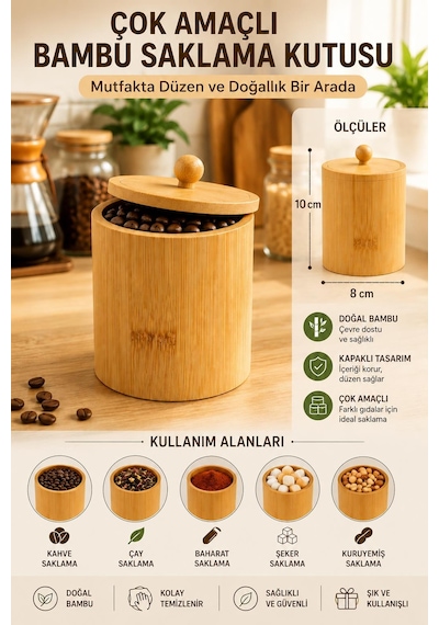 2 Li Bambu Saklama Kutusu Seti Kahve Şeker Çay Baharat Kavanozu Mutfak Organizeri