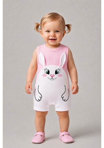 Babyden's Kız Bebek Tulum Yazlık %100 Pamuk Ribana Kolsuz Tavşan Baskılı Çıtçıtlı Bebek Tulumu 0-9 Ay Pembe
