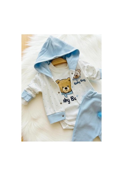 Minicayzen %100 Pamuk Kapüşonlu Hırka Pantolon Body 3'lü Erkek Bebek Takımı Mavi Mavi