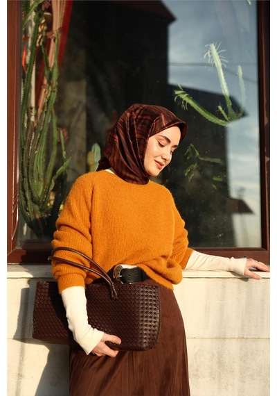 Silk Home Twill İpek Eşarp Kahverengi Mercan Geometrik Desenli Tok Duruşlu 90x90 Çok Renkli