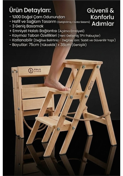 Pinus Stools Katlanabilir Ahşap Mutfak Merdiveni - 3 Basamaklı Boy Uzatan Tabure 75 Cm