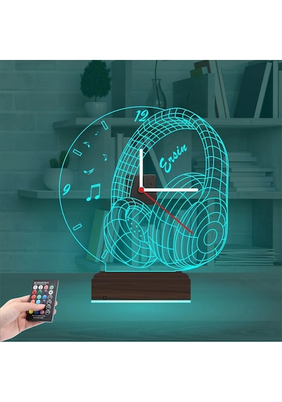 Luvivia Dj Kulaklık Mikrofon Enstrüman Müzik Nota Kişiye Özel Saatli 3d Lamba - Masa Gece Lambası Şeffaf