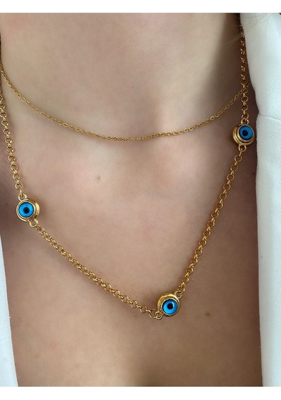 Pinery Jewels Cam Göz Nazar Boncuklu Gold Zincir Kolye Altın