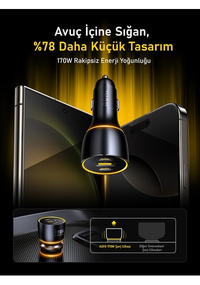 Aohi Araç İçi 3 Portlu 170w Şarj Cihazı, 140w 1m Pd 3.1 480mbps Süper Hızlı Şarj/data Kablosu Seti