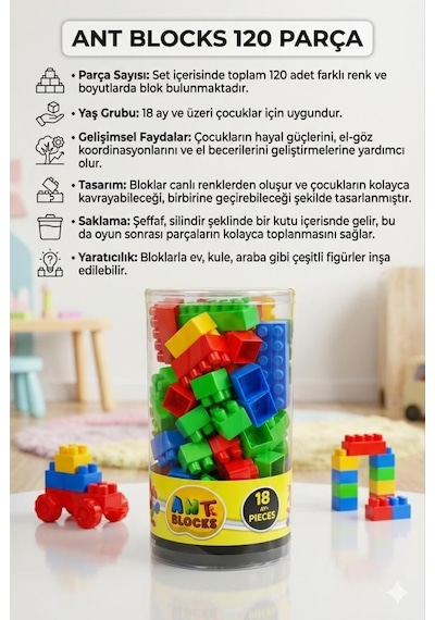 120 Parça Rulo Kutulu Renkli Geometrik Şekilli Eğitici Ve Öğretici Yapı Blokları Oyun Seti