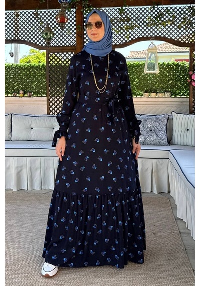 Rabia Şamlı Gül Mavi Çiçekli Elbise Normal